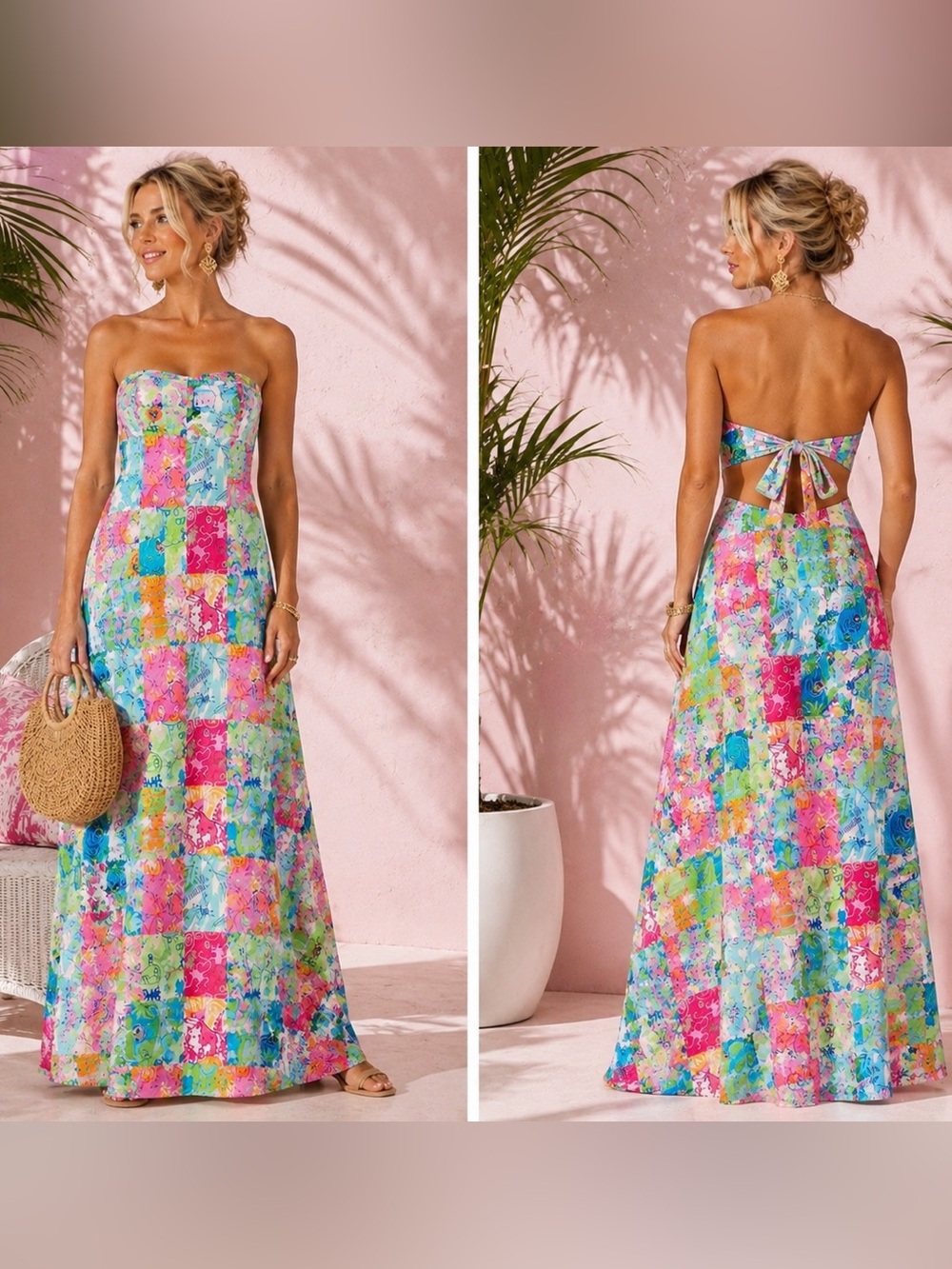 Vintage Lilly Pulitzer Strapless Maxi Dress Patchwork Print Tie Back Size 12 - Picture 7 of 7